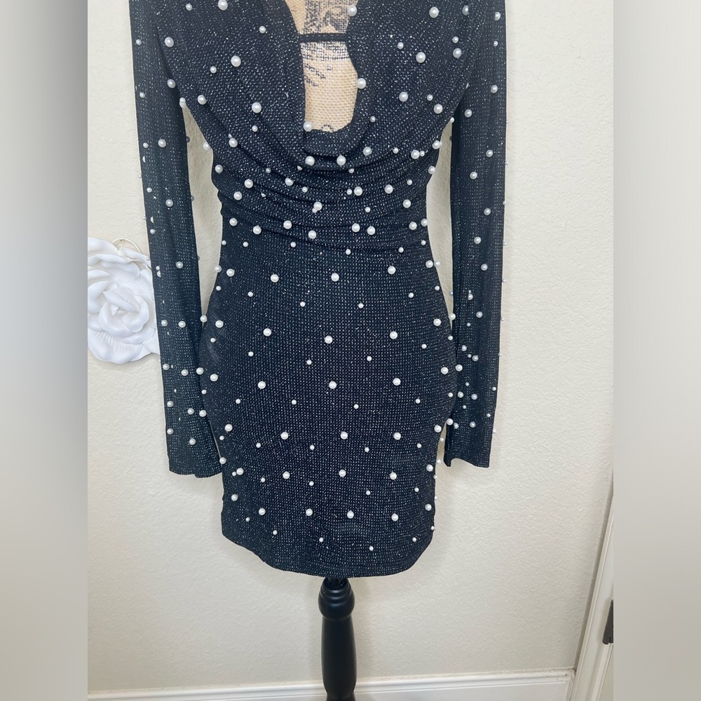 NTM: SHEIN Pearl Embellished Black Bodycon Mini Dress Long Sleeve Size Small - Picture 4 of 16